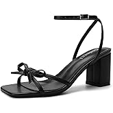 Goderci Bow Strappy Heels for Women Square Open Toe Mid Chunky Block Heeled Sandals