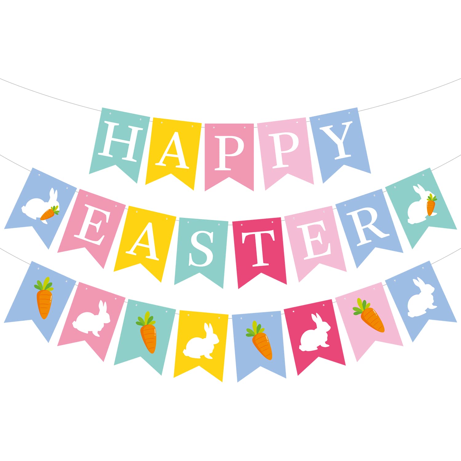 3 PCS Happy Easter Banner, with Rabbit Bunny Carrot Garland Banner, Happy Easter Bunting Banner for Party Decoration