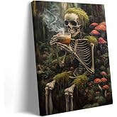 ZSHARTSWD Gothic Skull Canvas Wall Art Vintage Skeleton Drinking Coffee Picture Print Dark Forest Mushroom Painting Halloween Artwork for Gothic Bedroom Decor (Green, 18L x 12W)