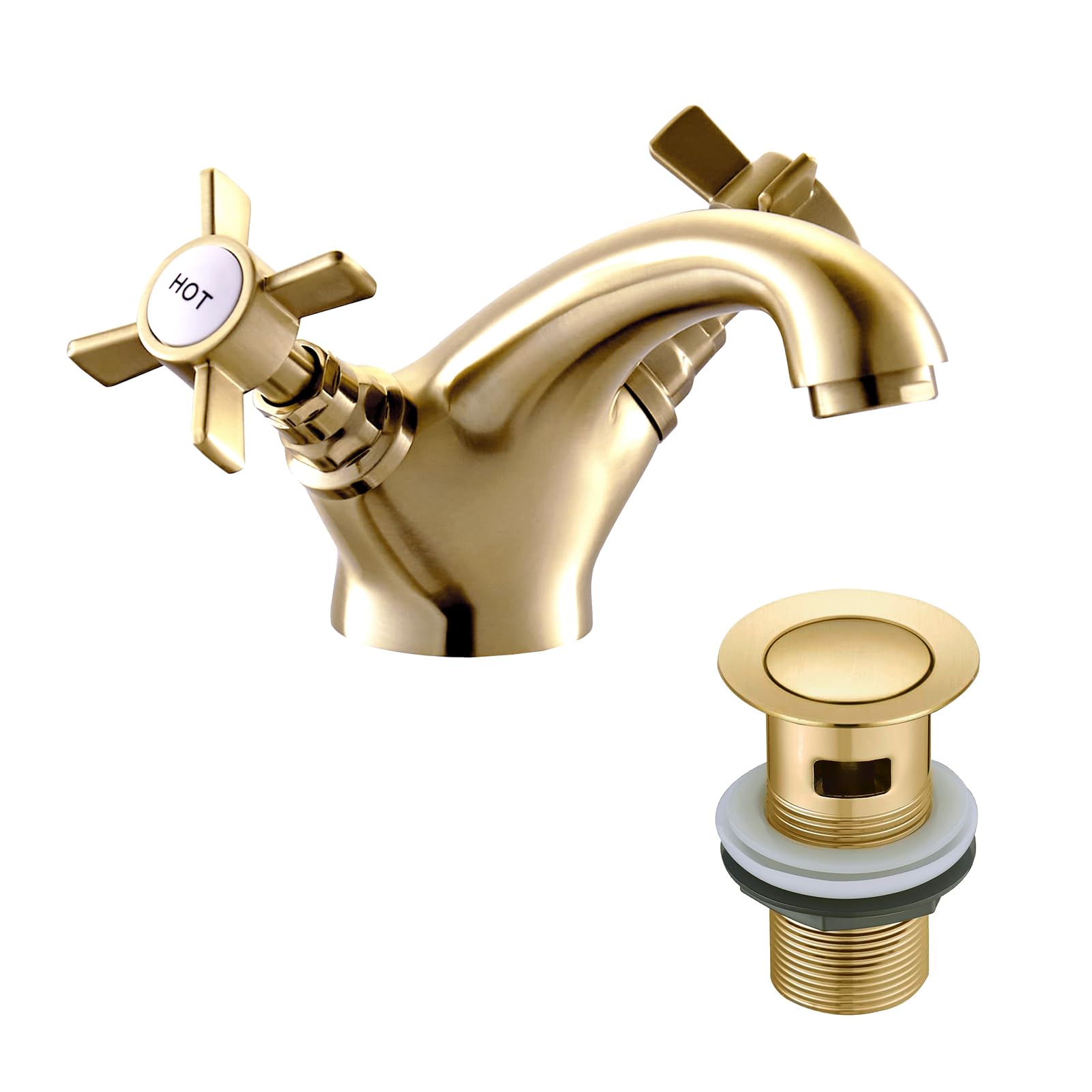 Golden Victorian Bathroom Sink Tap for Basin with Pop Up Sink Plug Dual Cross Lever Brass Swan Neck Bathroom Tap Mixer Traditional Basin Mixer Tap 044GO