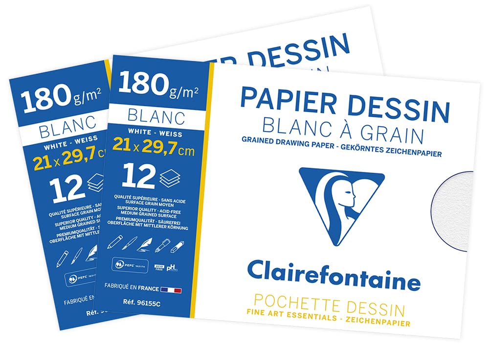 Clairefontaine - Ref 196155AMZC - School Drawing Paper Packs (12 Sheets per Pack / 2 Packs) - A4 (297 x 210mm) in Size, 180gsm White Grained Drawing Paper