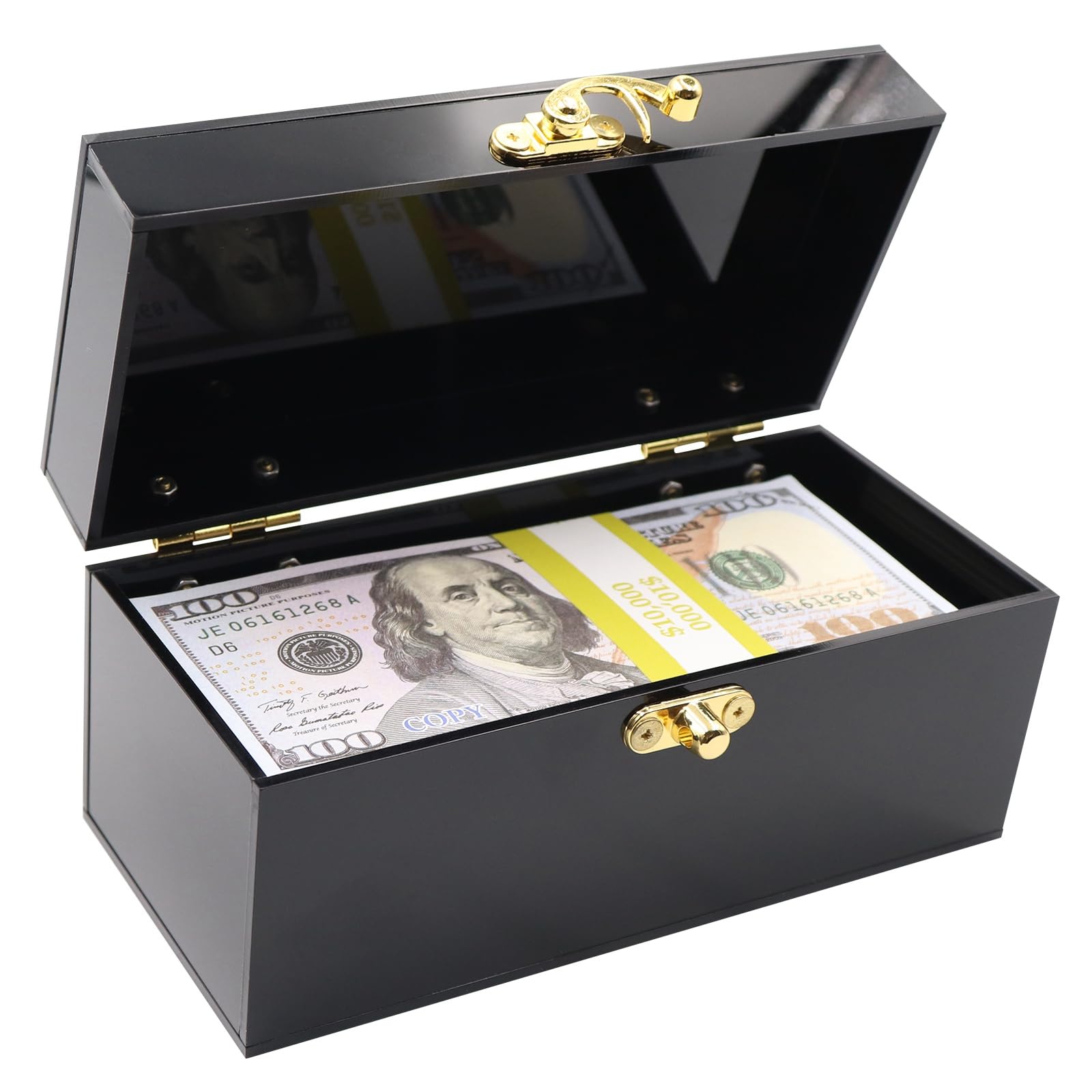 Photo 1 of Mczxon Acrylic Lockable Cash Box with 30 Currency Wrappers, Acrylic Money Storage Box Holder Organizer for Cash, Single Currency Cash Tray Storage Box Holder Organizer for Money, Black