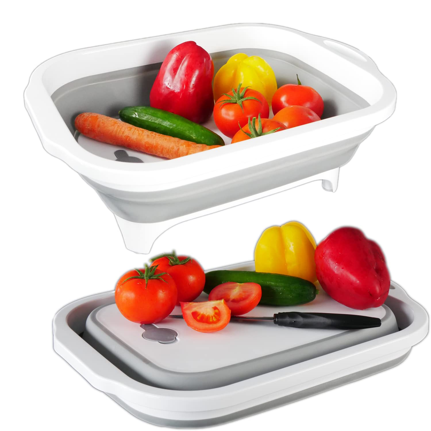 Intirilife Multifunctional Collapsible Cutting Board Drainer with 8L Volume in Grey - White with Storage Box for Cutting Tools