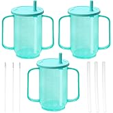 SENONAPO 3 Pcs Adult Sippy Cups for Elderly with 2 Handles and Straw Lid 12 oz Plastic Straw Cups Elderly Drinking Cups Green Spill Proof Cups for Adults Disabled Patients Hospital Supplies