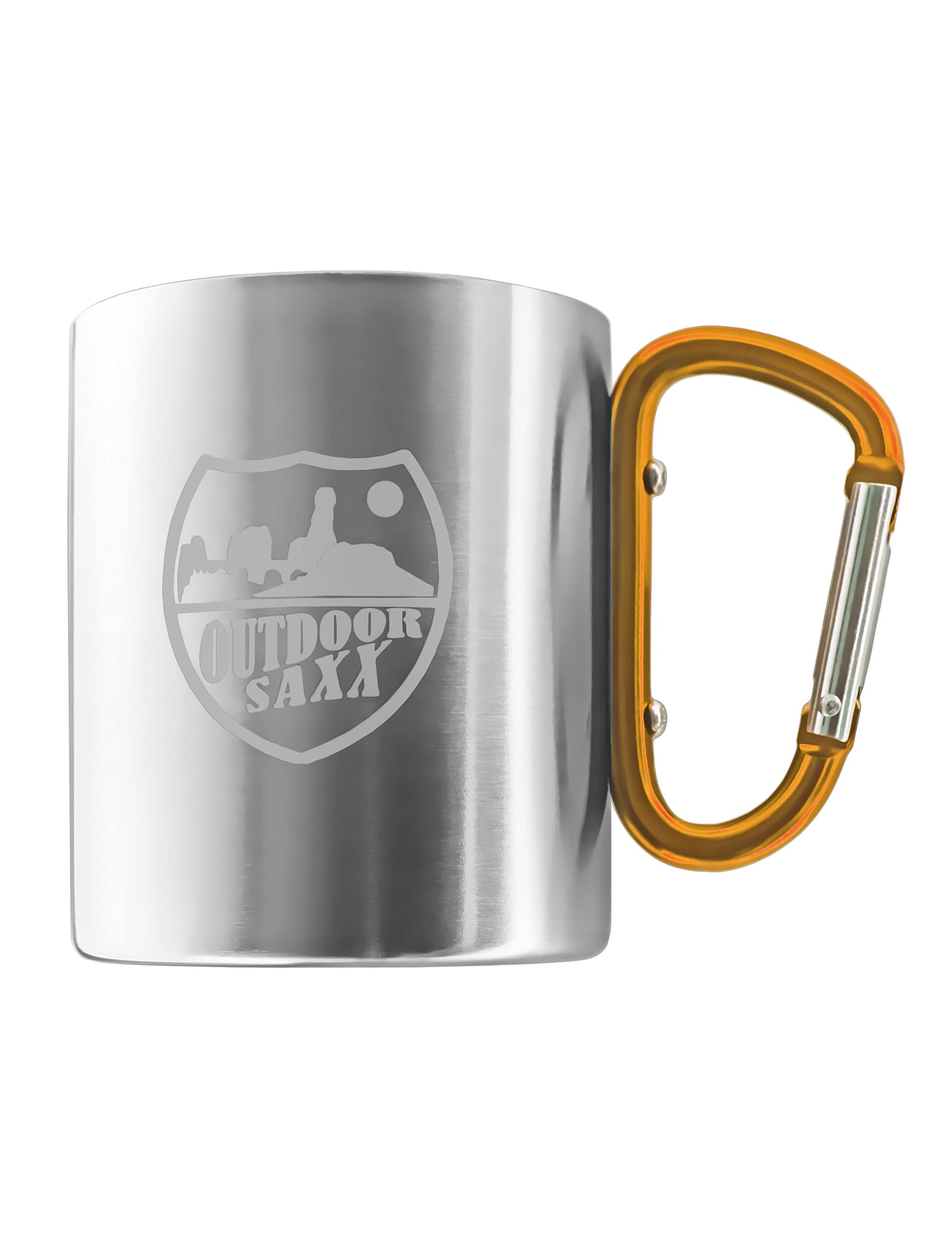 OUTDOOR SAXX® Stainless Steel Mug with Carabiner Handle and Laser Engraving (Orange)