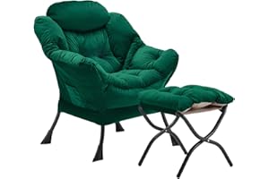 Youtanic Lazy Chair with Folding Ottoman, Accent Chair Velvet Upholstered with Metal Structure and Non-Slip Pads, Sofa Armchair with Footrest and Side Storage Bag for Dorm, Room, Office, Green