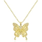 MOONWALTZ Gold Butterfly Necklace for Women 14K Gold Plated Hollow Butterfly Pendant Necklace Cubic Zirconia Butterfly Charm Necklaces Adjustable Trendy Insect Fairy Jewelry Gift for Women