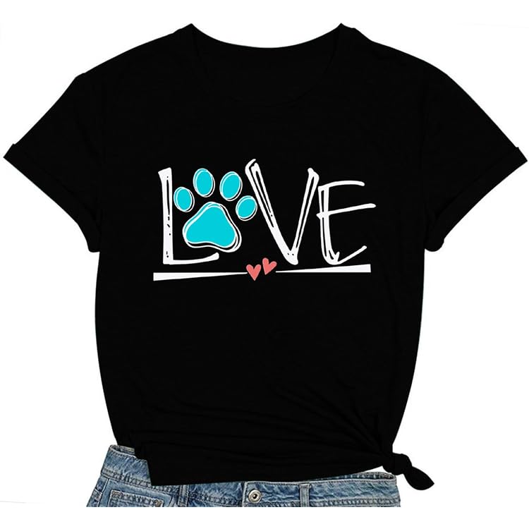 Anbech Women's Love Letter & Dog Paw Print T-Shirt - Casual Short Sleeve Graphic Tee (Pink)
