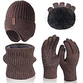 Men Winter Beanie Hat Touchscreen Gloves Neck Warmer 3 in 1 Set with Fleece Lined