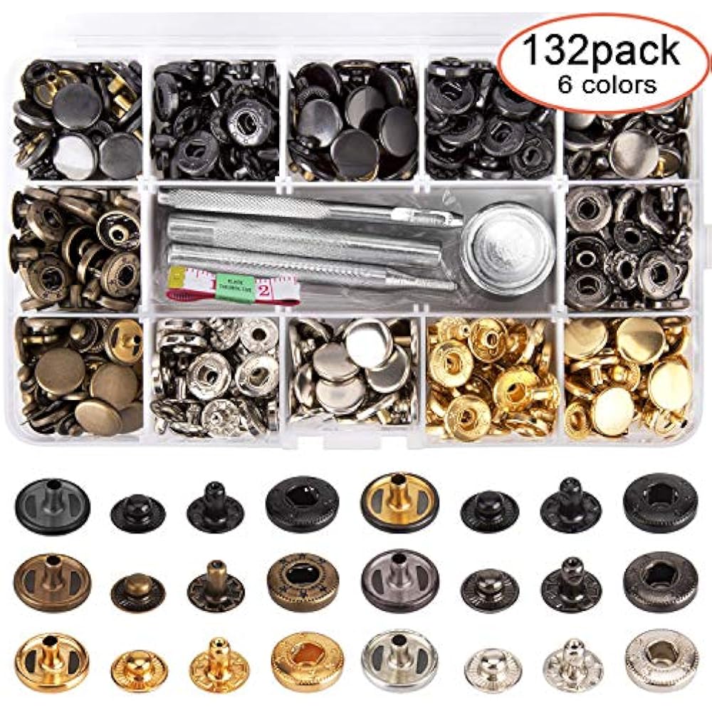 132 Set Leather Snap Fasteners Kit, 0.49 Inch Metal Button Snaps Press