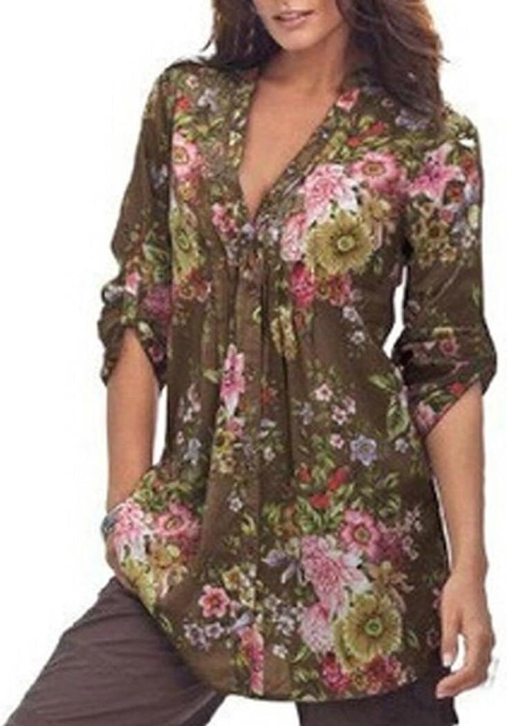 BA Zha Fashion Women's Vintage Floral Print Shirt Simple Casual Autumn Tunic Loose Crop V-Neck Sweater Coat Pullover Sweatshirt Long Half Sleeve Tee Tops Sexy Blouse T-Shirt