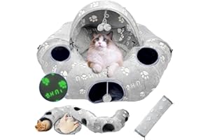 OUHOU Cat Tunnel Bed, Cat Tunnels for Indoor Cats, Cat Donut Tunnel Toy with Washable Circle Cushion, Straight Shaped Tunnel, 4 Fluffy Balls, Blackout Tent, Self-Luminous Cat Toys（Grey）