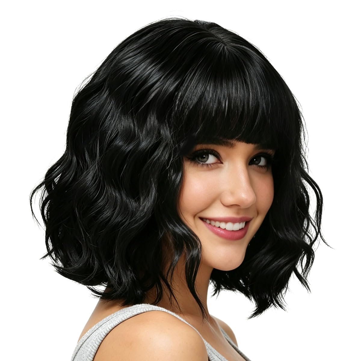 Yamel Wavy Bob Wig with Bangs Black Wig Natural Synthetic Hair Shoulder Length Short Curly Wigs for Women — image 1