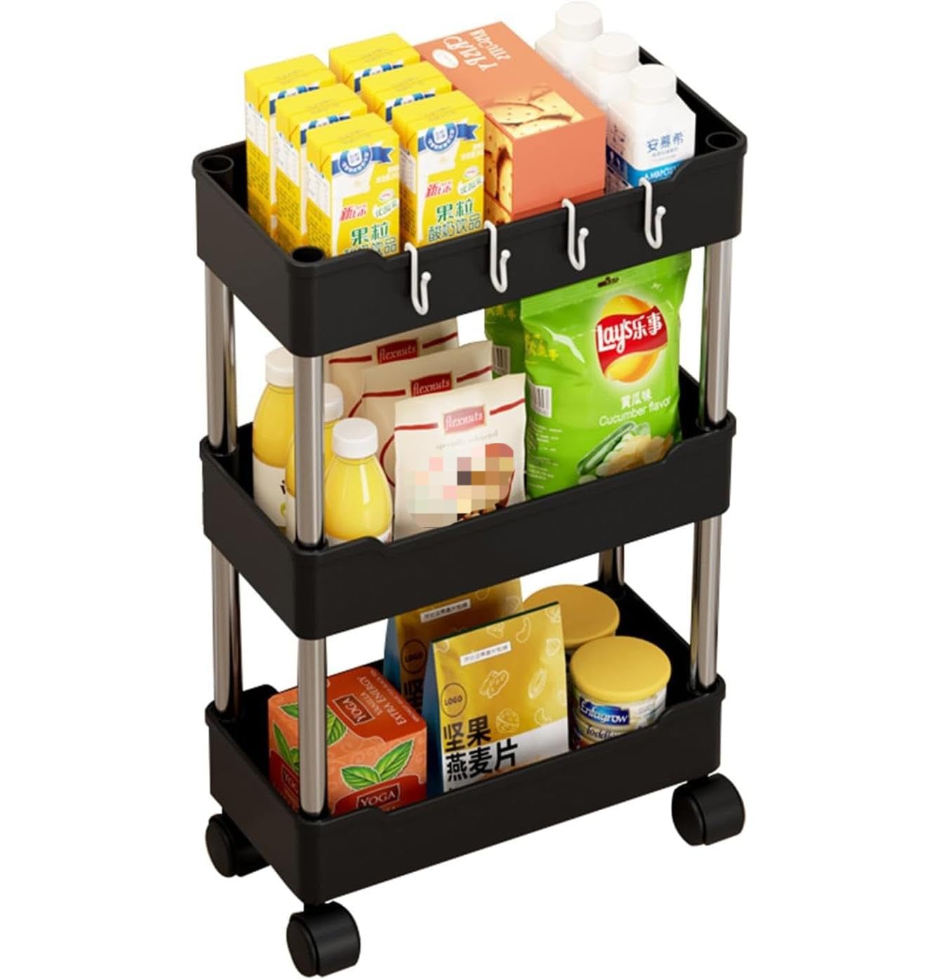 Haipky Multipurpose Rolling Trolley, Removable Storage Organizer Rack Shelf With Wheels for Bathroom Bedroom Kitchen Laundry Fruit Vegetable Snack Sundries Cosmetics Toiletries (Black 3 Tiers,Narrow)