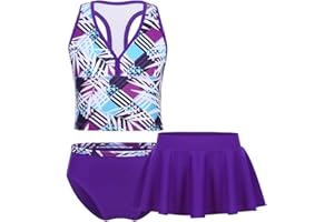 Oyolan Girls 3PCS Tankini Bathing Suit Sleeveless Printed Crop Tank Top with Shorts Skirt Set Swimwear