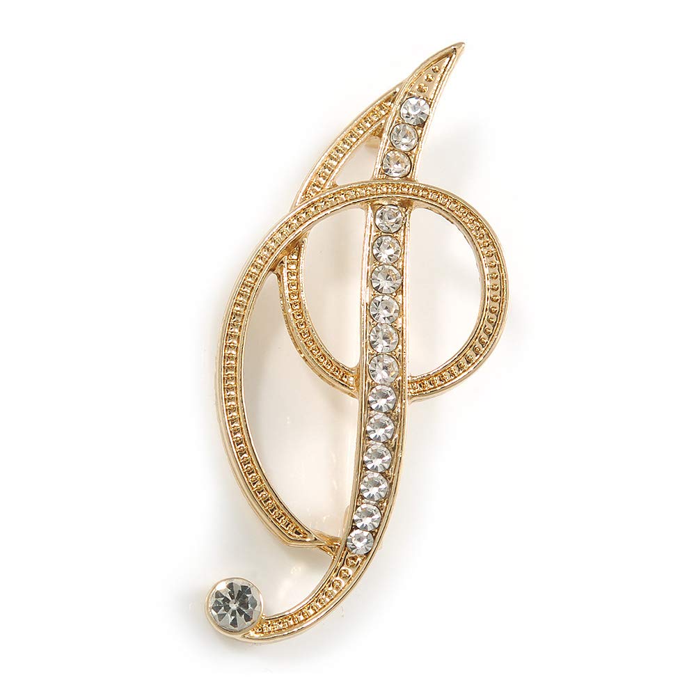 'I' Gold Plated Clear Crystal Letter I Alphabet Initial Brooch Personalised Jewellery Gift - 50mm Tall