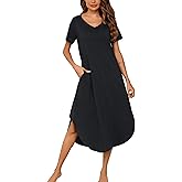 Marvmys Women Short Sleeves Long Nightgown Super Soft Sleepwear Comfy V Neck Cotton Nightshirts with Pocket