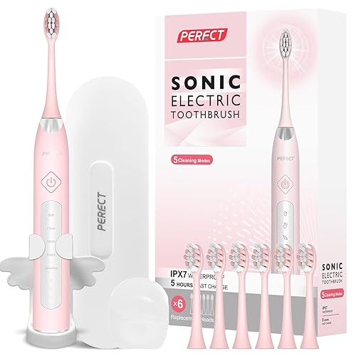 PERECT Electric Toothbrush for Adults, Rechargeable Sonic Electric Toothbrush with 6 Replacement Brush Heads, 1 Charge for 30 Days, 5 Modes 3 Intensities, Smart Timer, Pink
