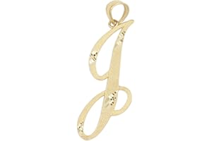 Ice on Fire Jewelry 14k Solid Real Gold Cursive Initial Pendant, English Alpahbet A-Z Letter Charm with Diamond Cut (J)