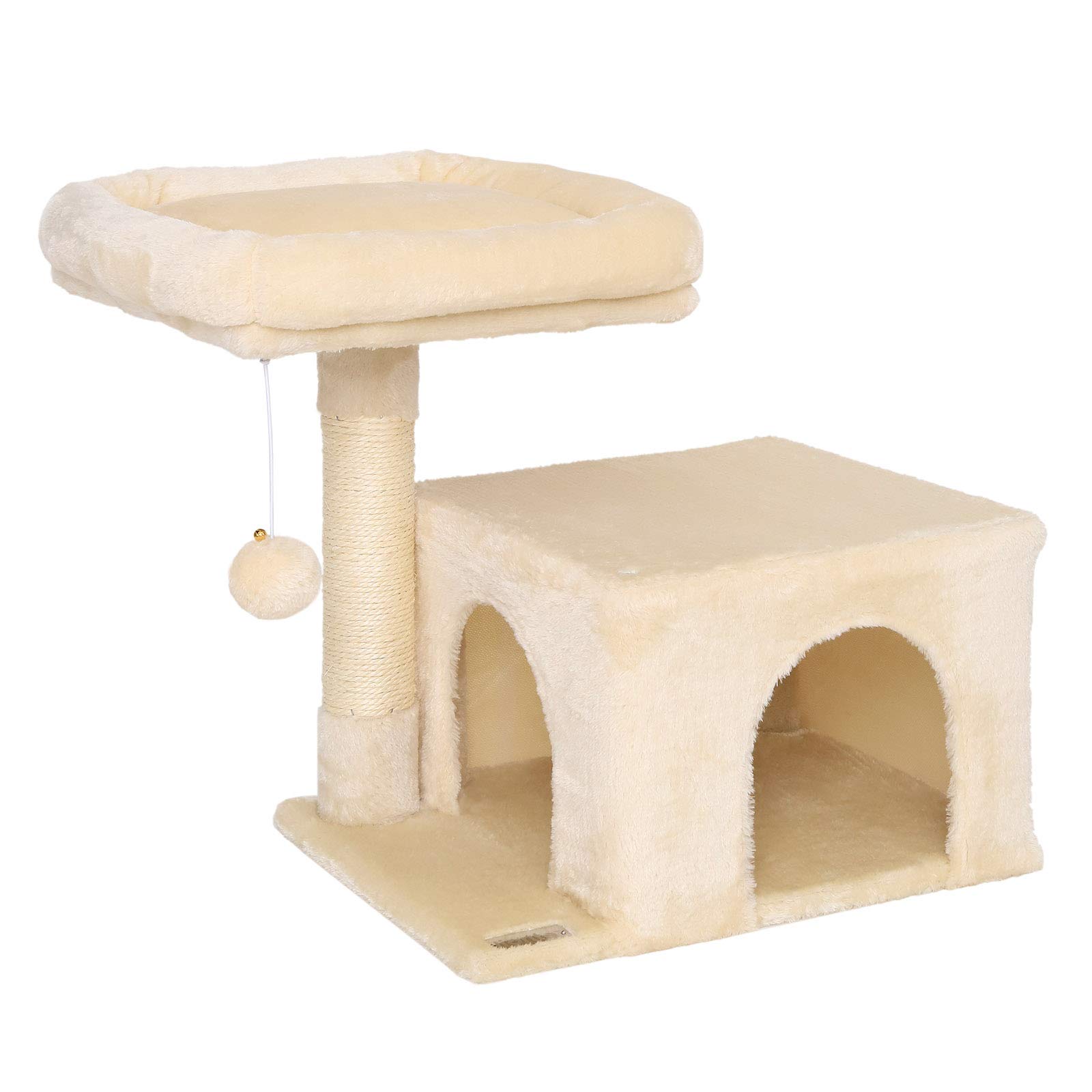 lionto Scratching tree for cats with cozy lying area & cave, height 50 cm, cat tree with plush ball incl. bell, sisal rope & soft plush, suitable for small & large cats, beige