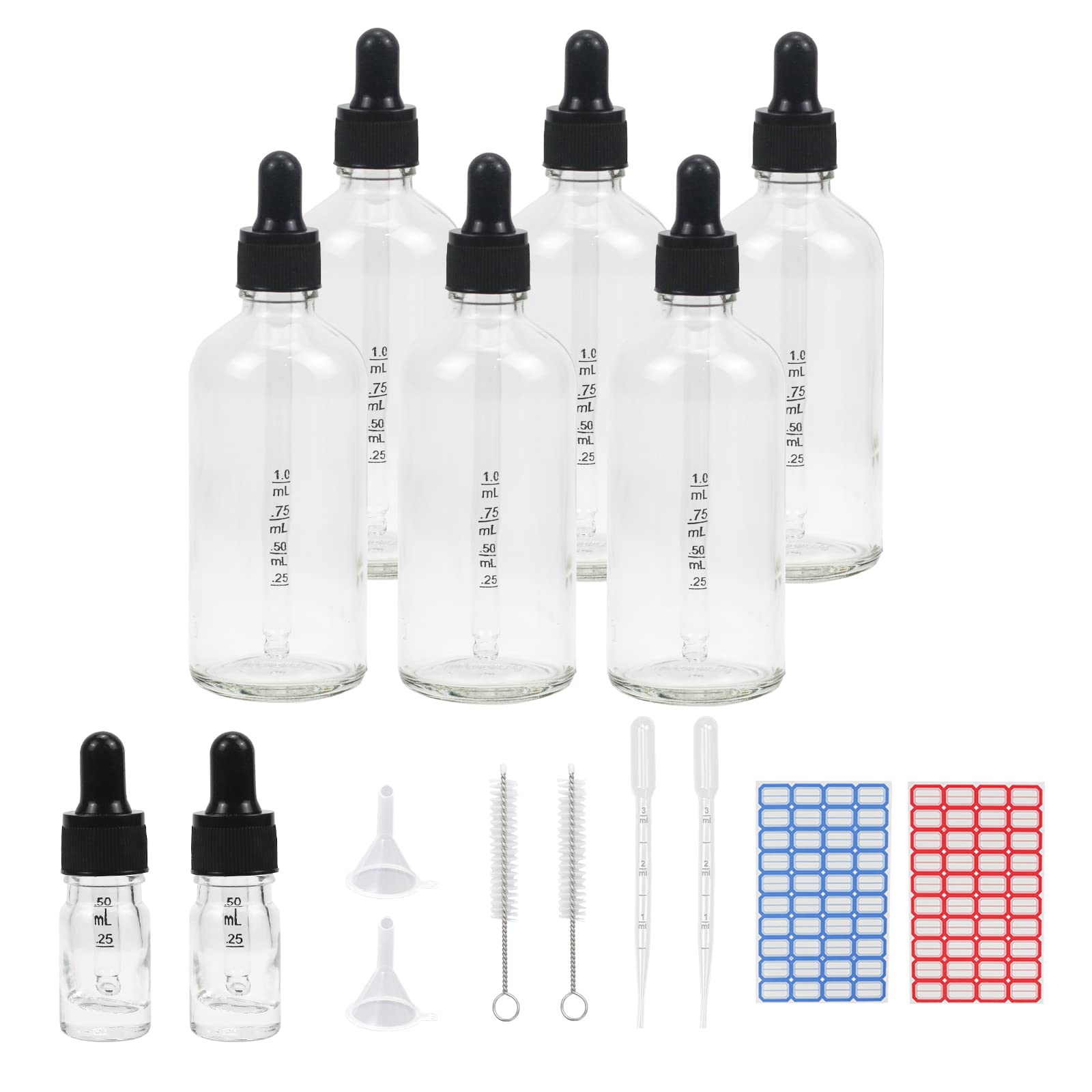 Reyshin 100ml Glass Dropper Bottles, 6 Pack Clear Glass Bottle with Dropper Pipettes Refillable Sample Dropper Bottle for Essential Oil Massage Aromatherapy Eye Drops (100ml transparent)
