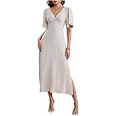 SweatyRocks Women's Ruched V Neck Maxi Dress Short Sleeve Split Flowy Vacation Dresses