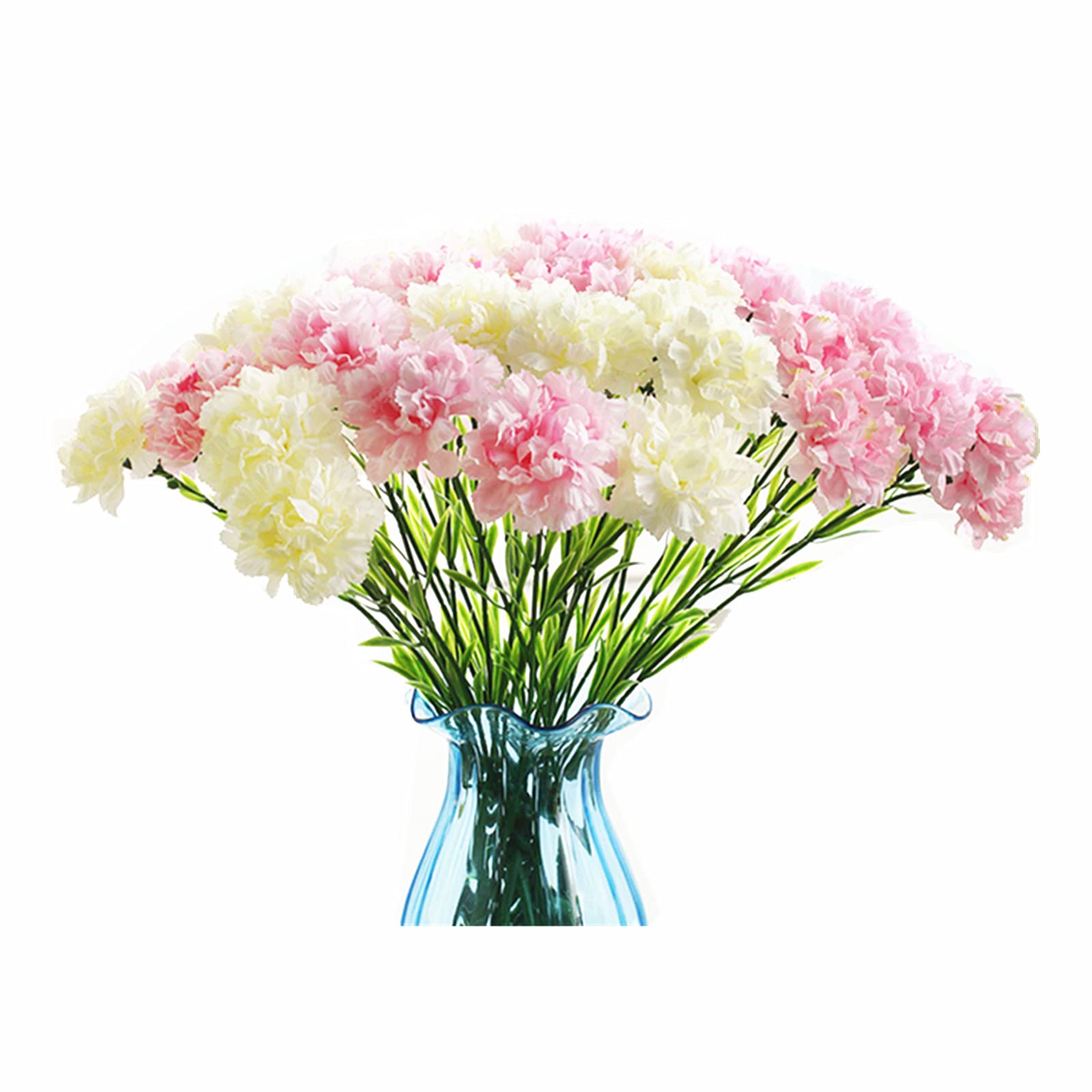 10 Bunches Artificial Silk Flower Carnations,Single Flower Head 20inch Bouquet and Green Leaf for Photo Props Home Party,Home Decoration Bridal Wedding Holding Flowers Decor(White+Pink)
