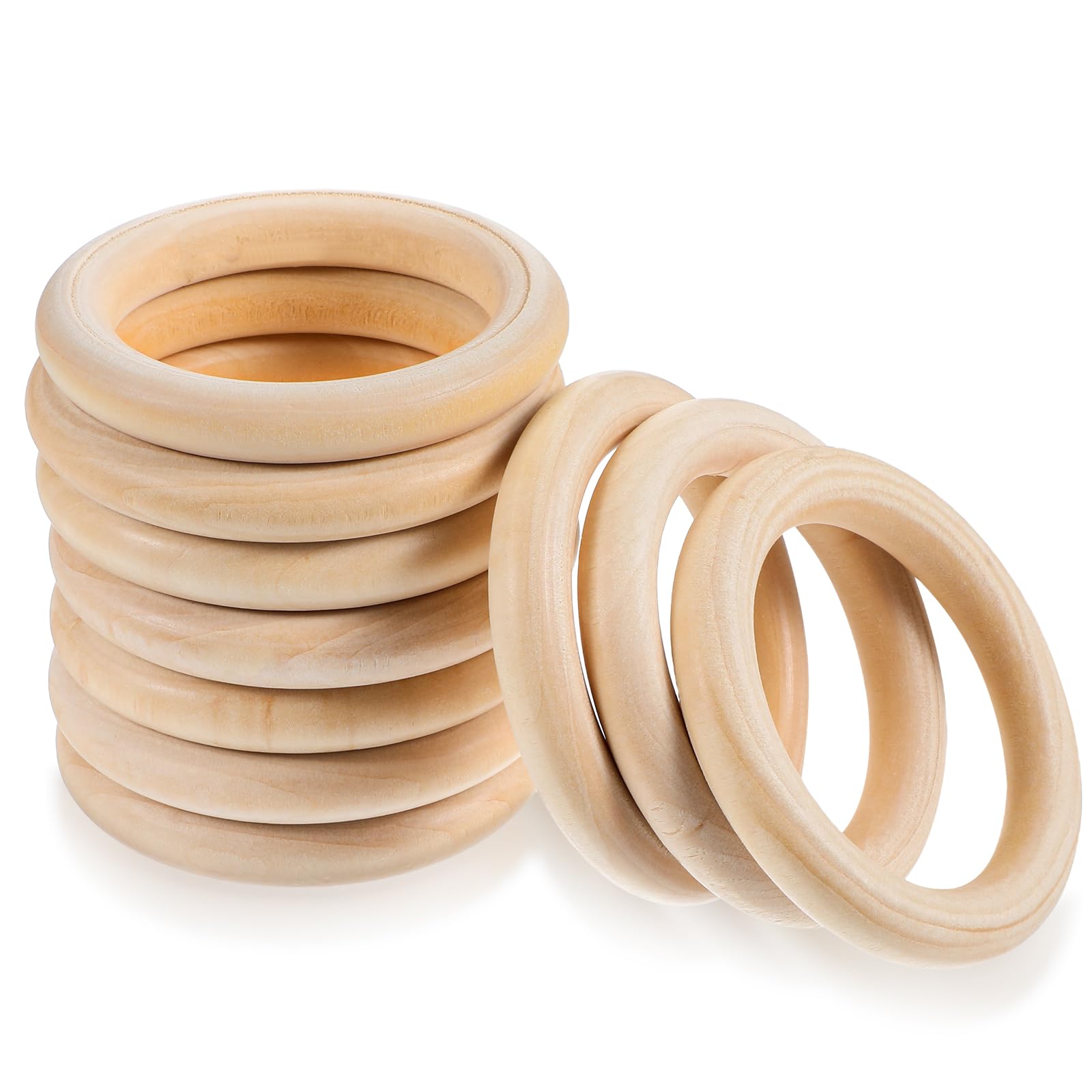 JJUNW 10 Pcs Unfinished Natural Wooden Rings, 2.75in/70mm, Wood Craft Rings for Macrame, DIY, 10 Count