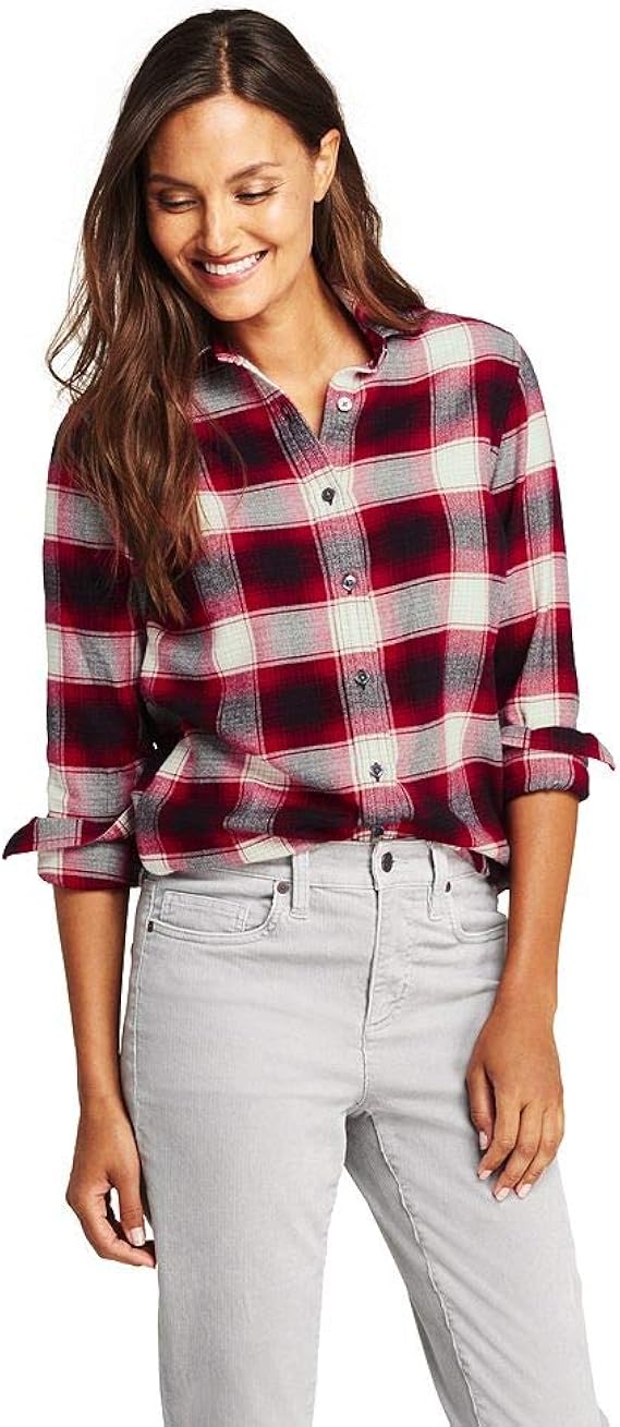 Lands' End Women's Petite Flannel Shirt, 6, Rich Red/Black