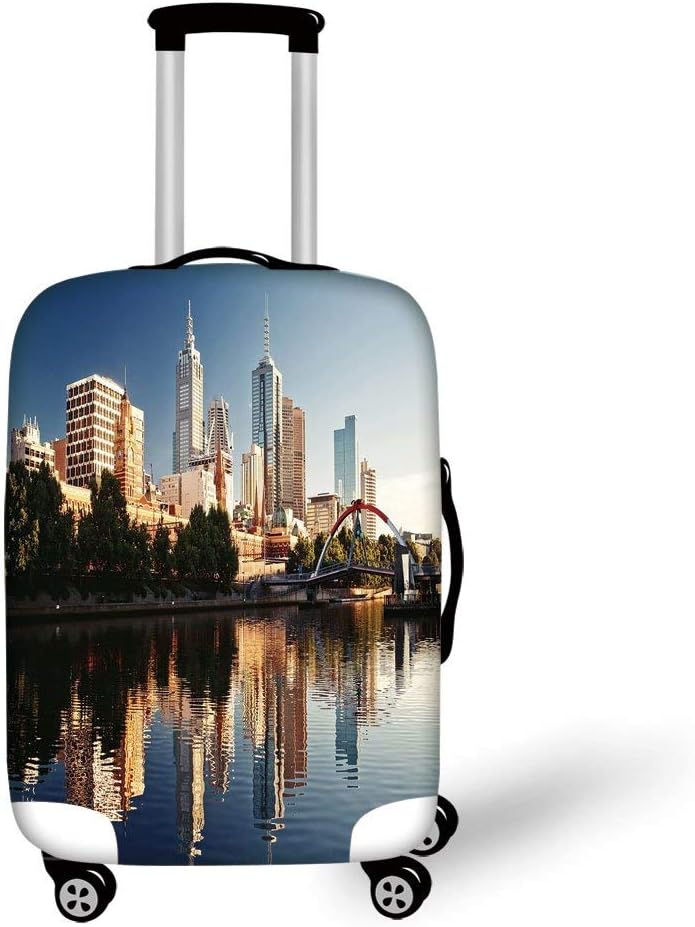 Travel Luggage Cover Suitcase Protector,City,Idyllic View of Yarra River Melbourne Australia Architecture Tourism,Dark Blue Ivory Dark Green，for Travel