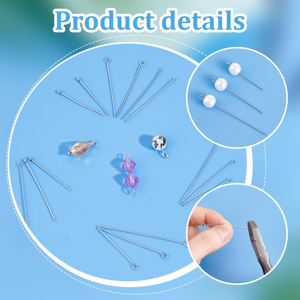 PH PandaHall 560pcs 8 Styles 304 Stainless Steel Eye Pins 30mm 40mm 50mm Head Pins 22 Gauge Ball Head Pin Findings Open Eye Pin for Earring Bracelet Pendant Jewelry Making, Stainless Steel Color