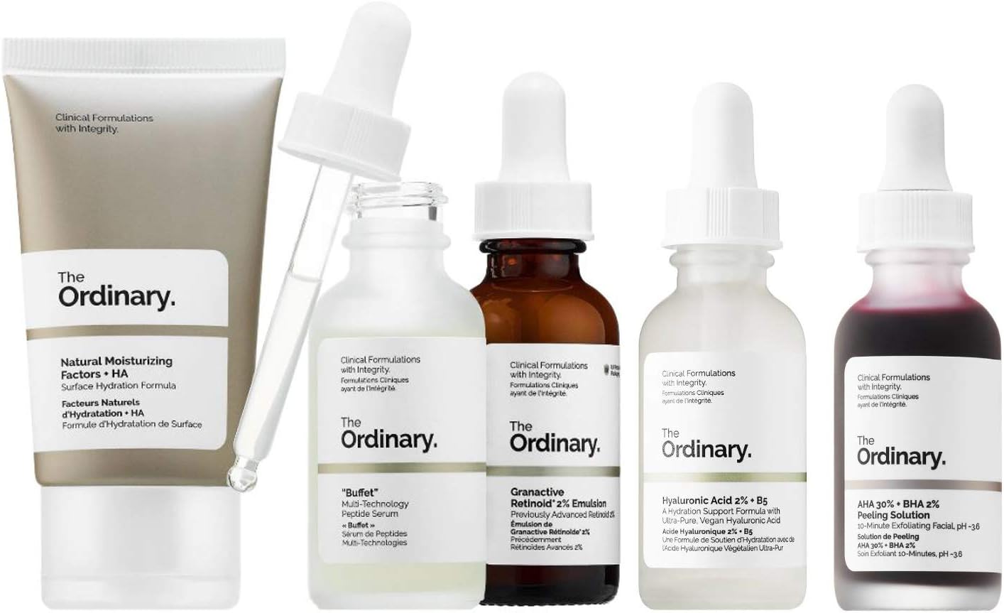 The Ordinary 5 Pieces Face Serum Set! Included: Peptide Serum, Retinoids Serum, Moisturizing Cream, AHA Serum and Hyaluronic Acid Serum! Hydrating Anti Aging Face Serums! Vegan and Cruelty Free!