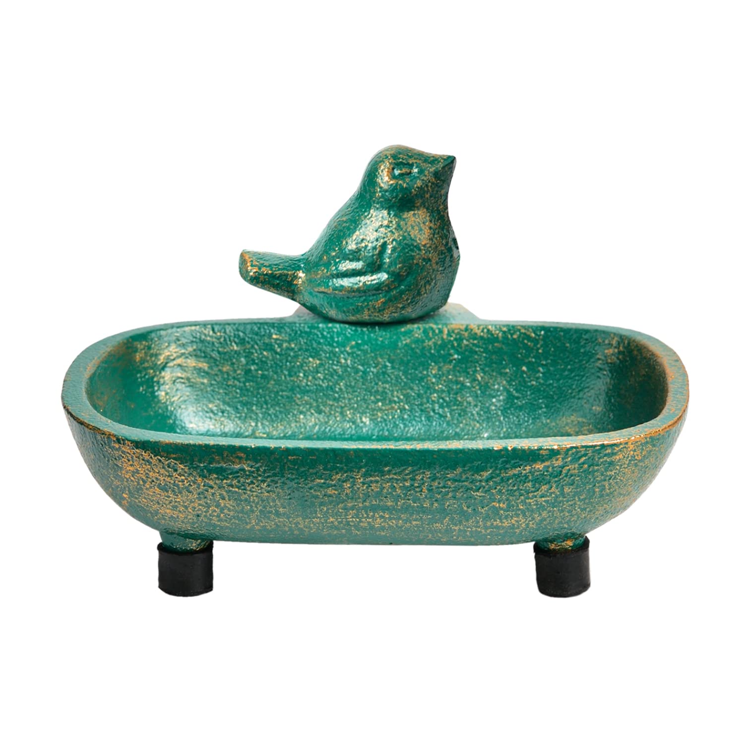 Sungmor Heavy Duty Cast Iron Hand Soap Holder - Lovely Bird Shaped & Antique Green Finish - Decorative Tabletop Soap Dish Tray for Kitchen Bathroom Sink - Practical Bath Box Container