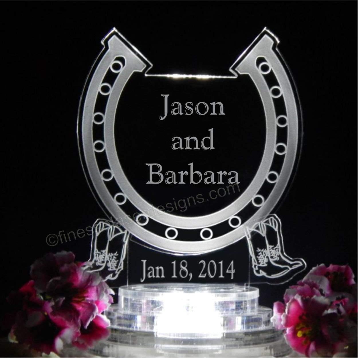 Personalized Western Horseshoe w Names LED Wedding Cake Topper Acrylic Custom Wedding Anniversary Birthday, base included