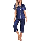 SWOMOG Satin Pajama Set Women Silk Pjs Set Short Sleeve 2 Piece Button Down Sleepwear Lounge Sets