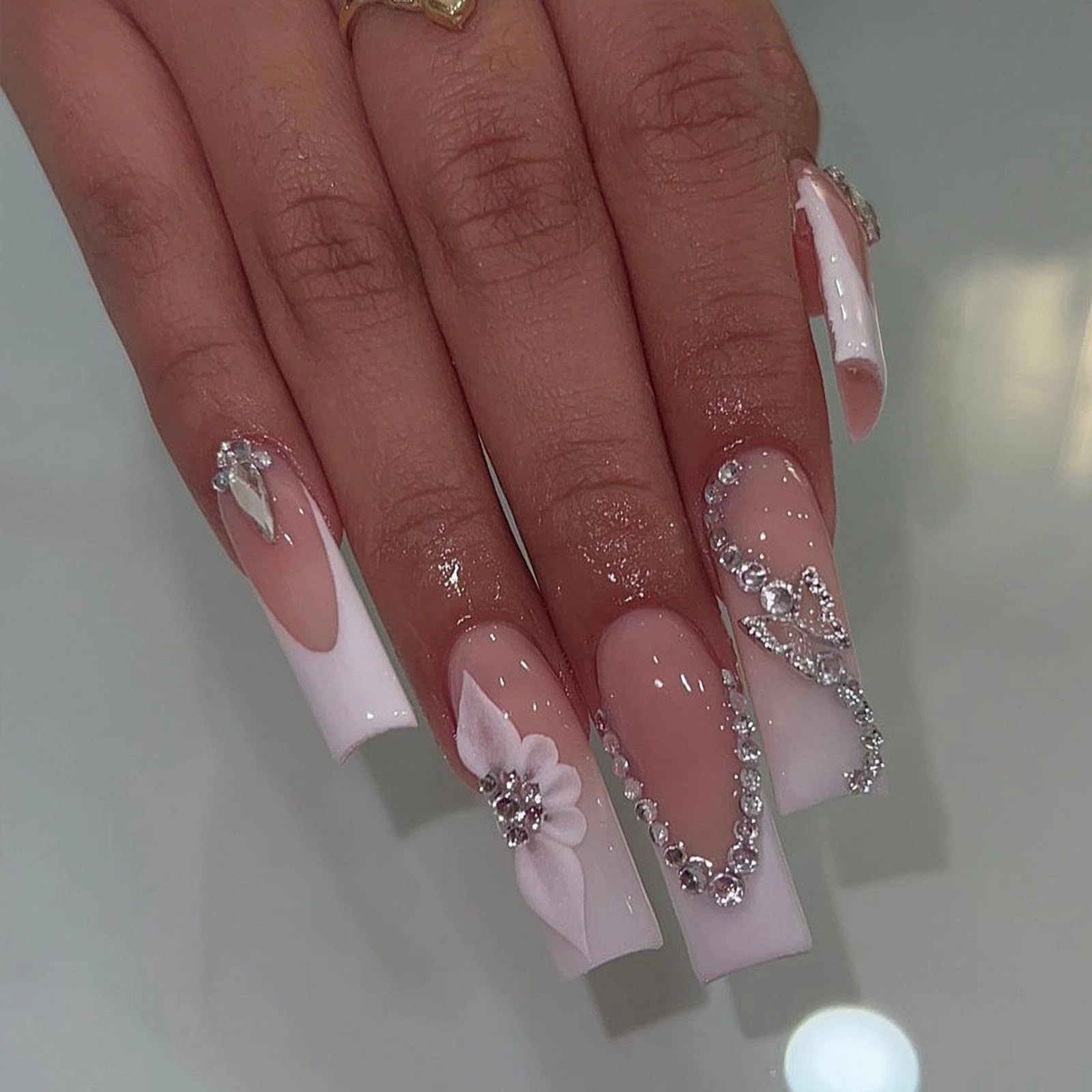 MISUD Long Square Press on Nails Squoval Fake Nails Glossy Glue on Nails White French Tip Acrylic Nails Wedding Artificial Nails Flower Buterfly Rhinestone Stick on False Nails with Design 24 pcs - Image 3
