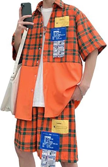 Amazon Alhyla半袖シャツ セット レディース 韓国風 ファッション チェック柄 トップス上着男性 プルオーバー 切り替え かっこいい ビジネスアンダーシャツ 2点セット 夏服 ジャージ上下セット 通販