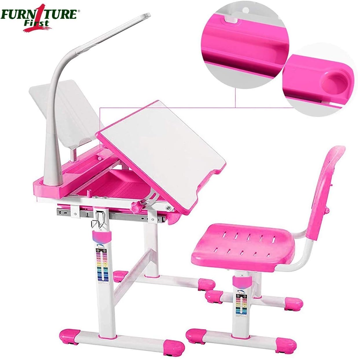 Furniture First Height Adjustable Study Table with Chair Set for Kids Students Girls and Boys. with Auto Height Lock, Tiltable Desk, Book Stand, Cup Holder. (3-15 Years) Model - Oprey