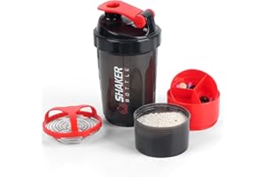 XTKS Shaker Bottle,16oz Protein Shaker Bottles with Mixing Ball, 3 in 1 Leak-proof GYM Shake Cup with Powder Storage & Pill Tray, Ideal for Workout,BPA Free（Red）