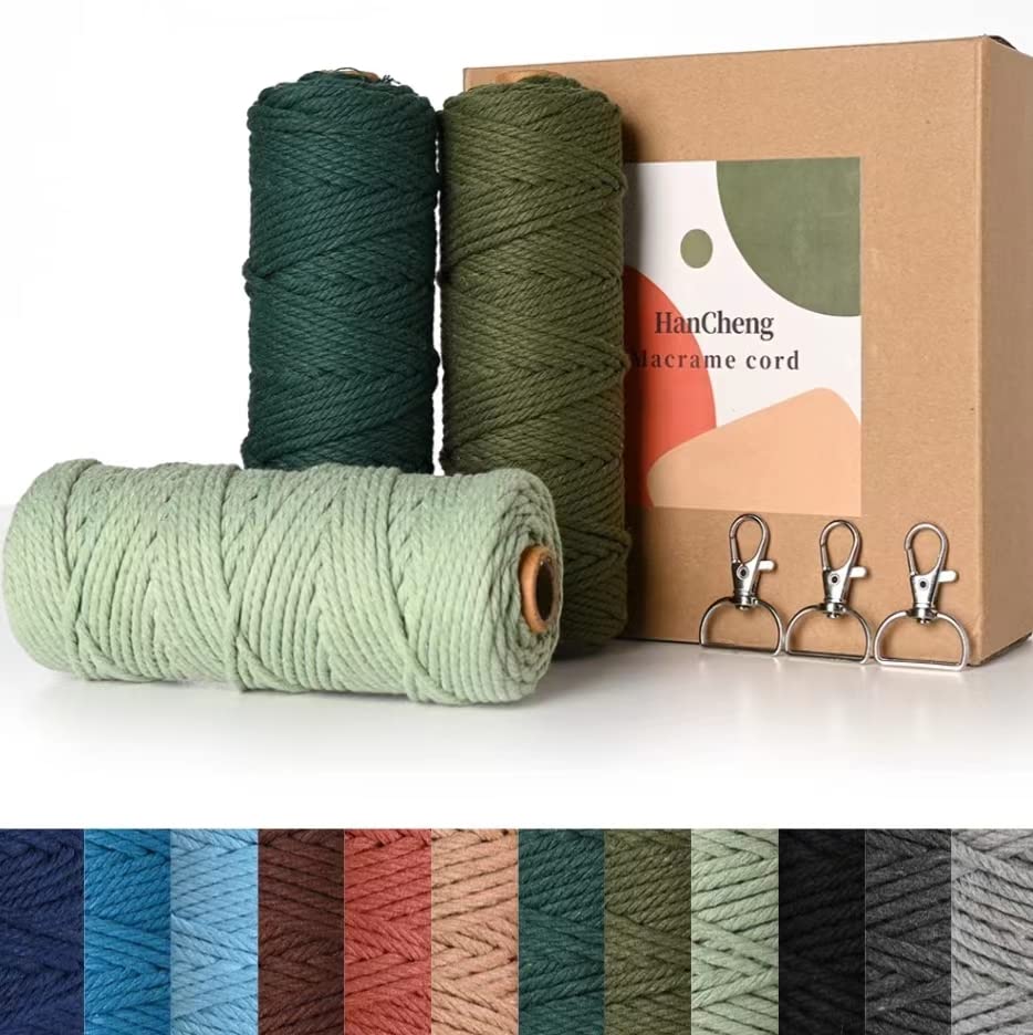 HanCheng 60m x 3mm Colourful Macrame Cord Gradient Colour 3-piece Set,Coloured Macrame Kit with 3 Keyrings—Gradient Green:Dark Green,Olive Green,Light Green