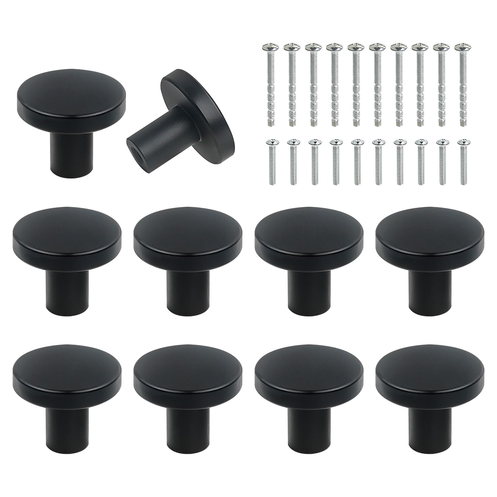 Realure 10 Pcs Solid Round Cabinet Knobs with 20 Screws, Single Hole Black Drawer Knobs, Hardware Small Door Knobs for Cupboards, Wardrobe, Closet, Kitchen, Home Decorating, (20 * 25mm)