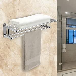 60cm Toallero Doble de Pared de Acero Inoxidable de Acabado Pulido, Estante de Baño con Barra de Toalla de Montaje en Pared de Moderno Hotel Estilo