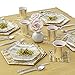 Silver Spoons PARTY DISPOSABLE 36 PC DINNERWARE SET | 18 Dinner Plates | 18 Salad or Dessert Plates | Heavy Duty Paper Plates | Hexagon Wood Design | for Upscale Wedding and Dining (Wood Collection – White/Gold)