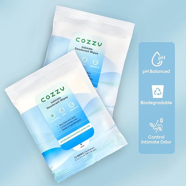 COZZY INTIMATE DEODORANT WIPES – FLUSHABLE, BIODEGRADABLE, & PH BALANCED, REMOVES ODOR – GENTLE, ALL SKIN TYPES, ALCOHOL FREE, PARABEN FREE, ALUMINUM FREE – 12 COUNT (PACK OF 3)