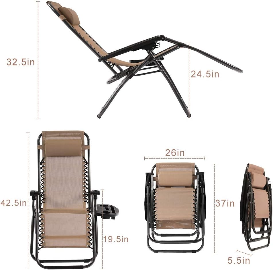 Vnewone Zero Gravity Chair Set of 2 Patio Folding Anti Reclining Lounge Deck Foldable Yard with Pillow and Cup Holder, Tan: Kitchen & Dining