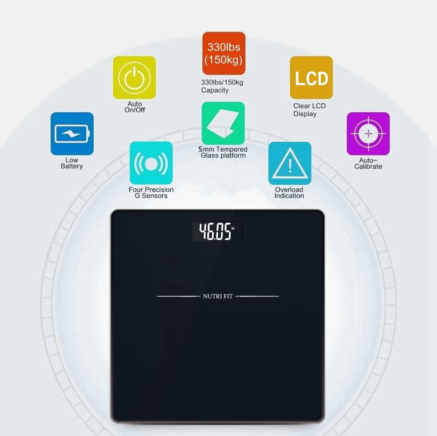 NUTRI FIT Digital Bathroom Scale for Body Weight Loss Watchers Electri Scales, 50g/0.1lb Discrepancy, Clear Backlit LCD Display and Step-On Techhology, 2*AAA Batteries Included, 330lb/150kg, Jet Black