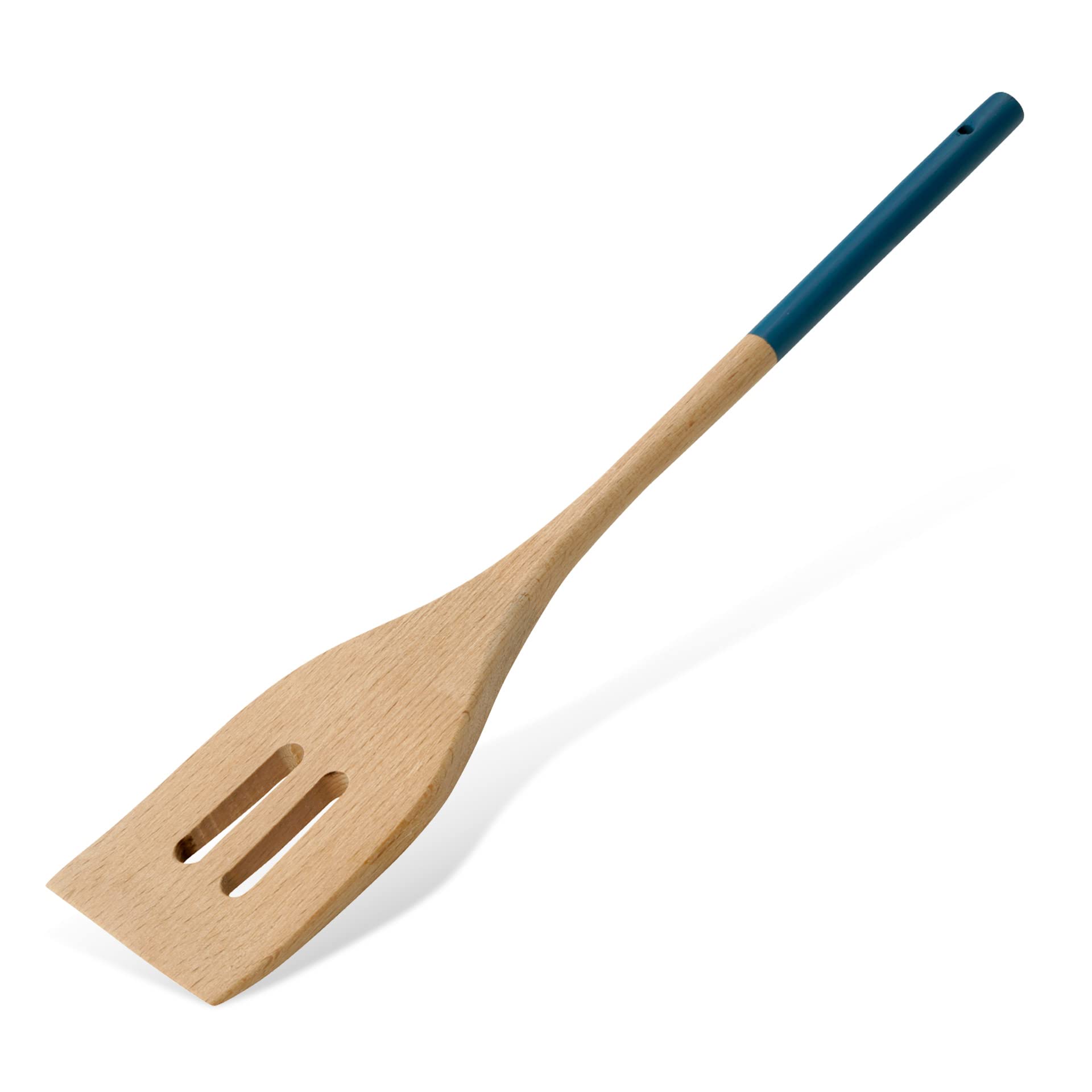 Tasty Wooden Slotted Turner Spatula with Bevelled Front Edge, Heat-Resistant Kitchen and Cooking Spatula with Modern Handle, Dimensions: 30x5.5cm, Colour: Light Wood & Dark Blue