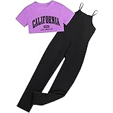 Ecolala Girls' 2 Piece Outfits Graphic Short Sleeve Crop Top and Cami Jumpsuit Pants Set