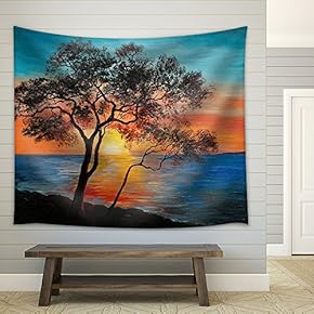 Oil Painting on Canvas - Tree Near The Lake at Sunset, Wallpaper; Decoration - Fabric Wall Tapestry Home Decor - 51x60 inches