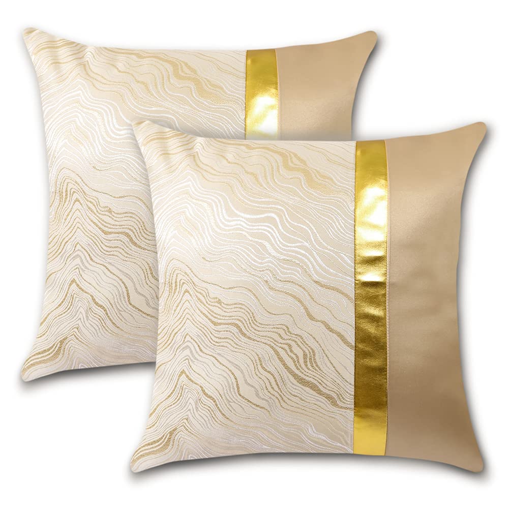 JOTOM Pack of 2 Cushion Covers 45 x 45cm Gold Patchwork Pillow Covers Abstract Striped Luxury Decorative Square Throw Pillow Cases Modern Pillowcases Cushion Cover for Couch Bed Sofa Decor(Beige A)